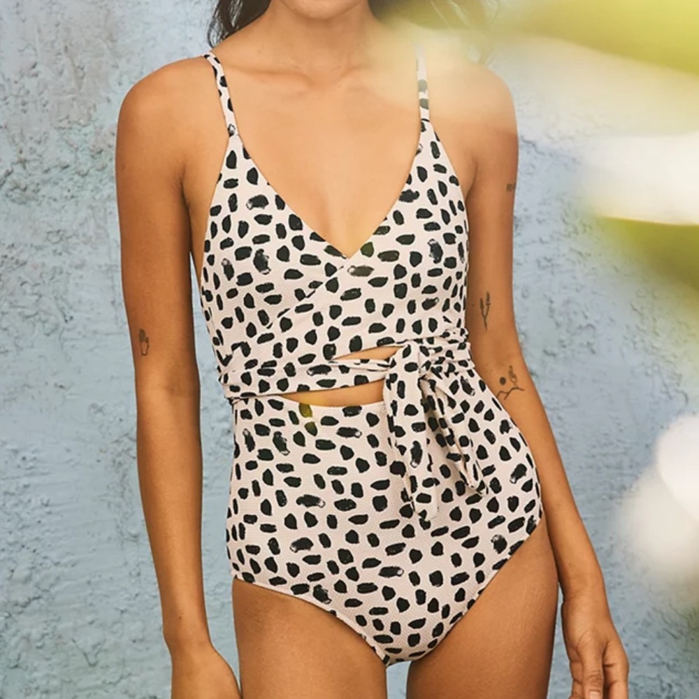 NWT Aerie pique Black Slashes Wrap swim suit size L